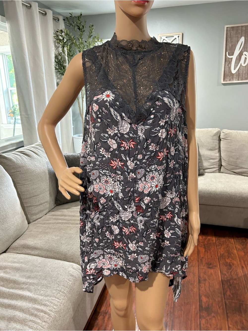 torrid Black Floral Lace-Trim Sleep Chemise with Pink & White Flowers